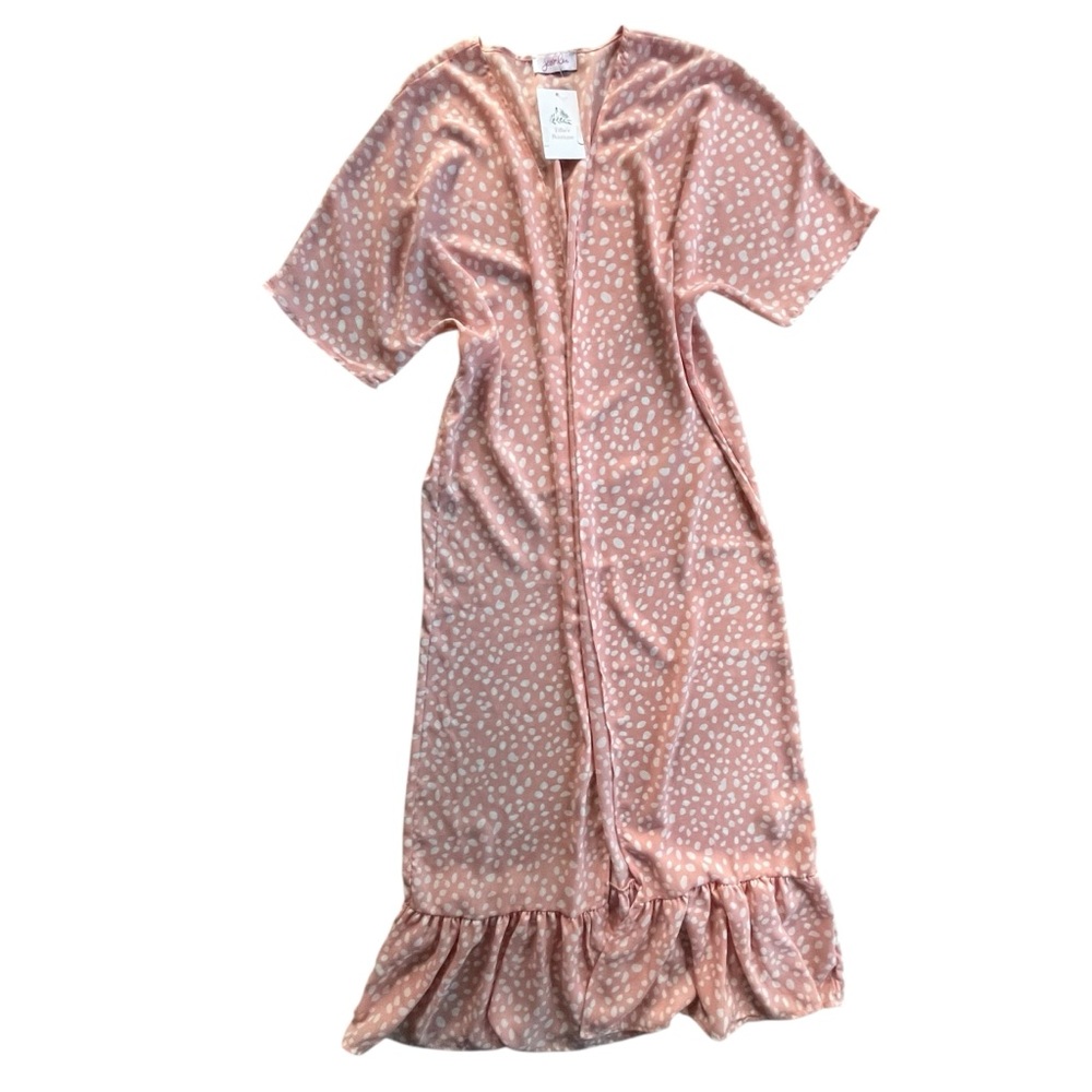 Jess Lea Womens L Peach Light Pink White Polka Dot Short Sl Open Duster Cardigan